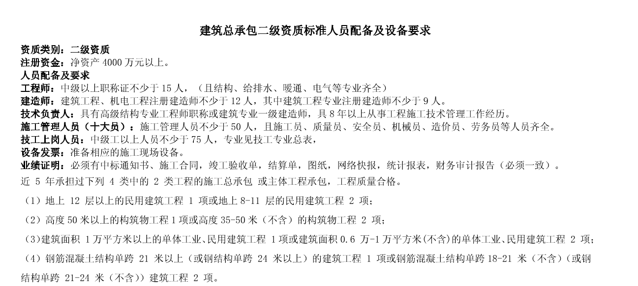 建筑總承包二級資質標準人員配備及設備要求
